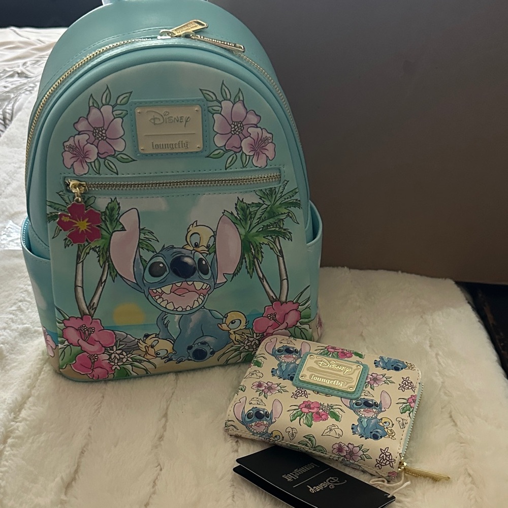 Loungefly Disney Stitch Floral with ducks Backpack and Wallet - NWT - Picture 1 of 6